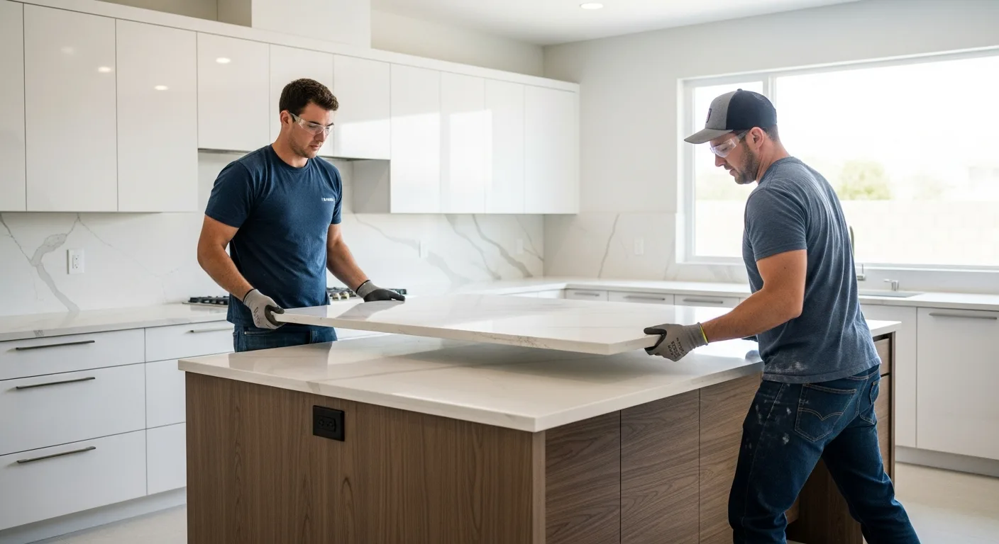 Two professional stone fabrication installers carefully lowering a quartzite countertop slab into place on a kitchen island