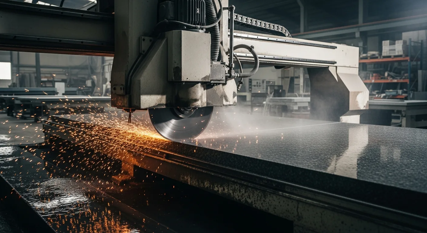Industrial CNC stone cutting machine fabricating a granite slab in a professional Las Vegas fabrication shop with sparks and water spray