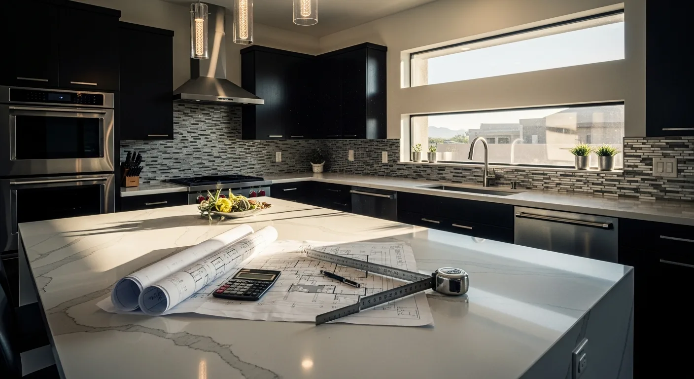 Calculator and architectural blueprints on a quartzite kitchen island for replacement cost planning