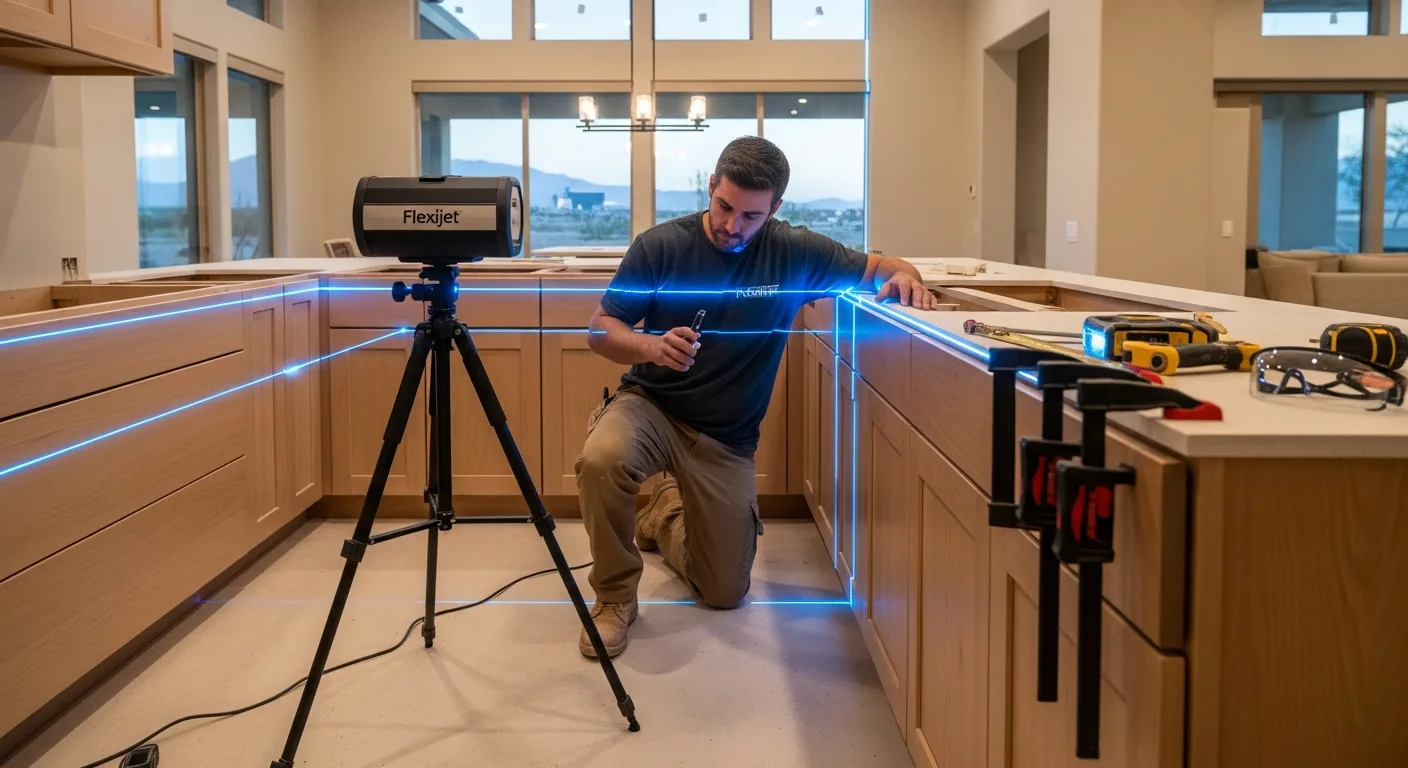 Stone fabrication contractor using a Flexijet laser digital templating tool to measure a granite kitchen counter