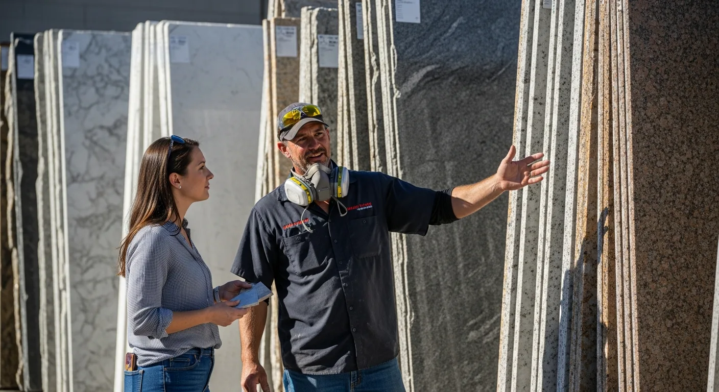 Stone fabricator and customer reviewing slab options in a Las Vegas slab yard