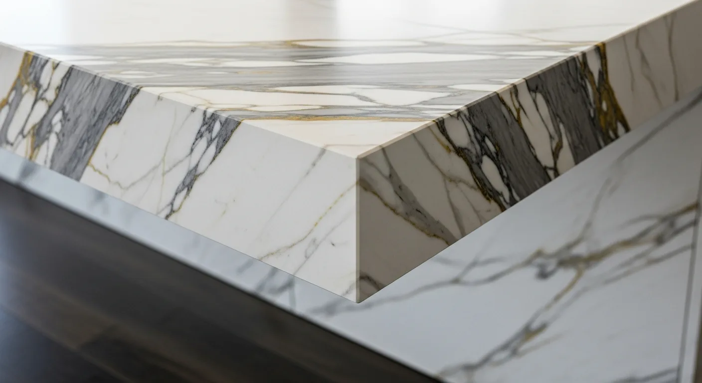 Close-up of a perfectly mitered waterfall edge corner on a white Calacatta marble kitchen island