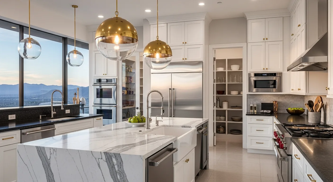 Definitive luxury Las Vegas kitchen with Calacatta quartzite waterfall island, granite perimeter counters, gold pendant lights, and mountain views at golden hour