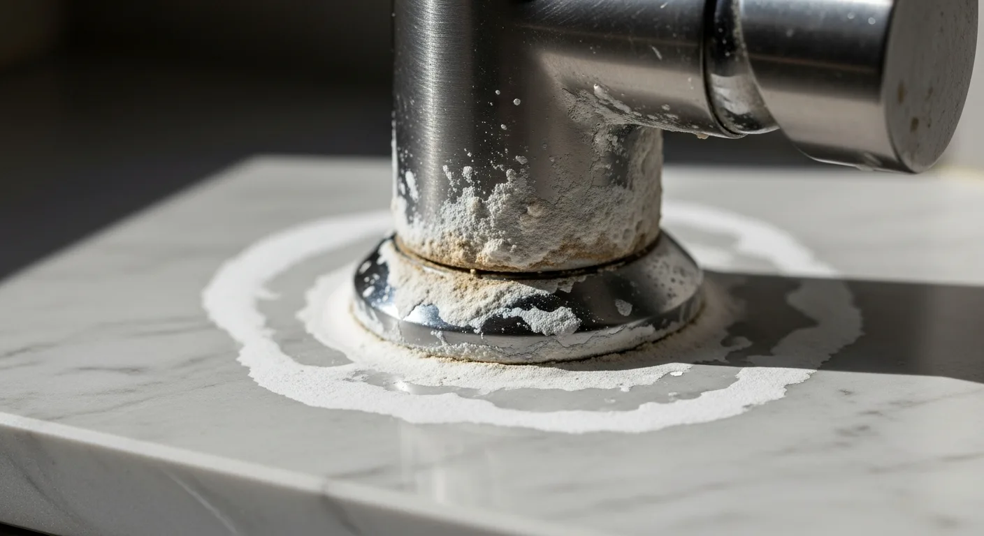 Calcium hard water mineral buildup around a kitchen faucet base on a marble countertop