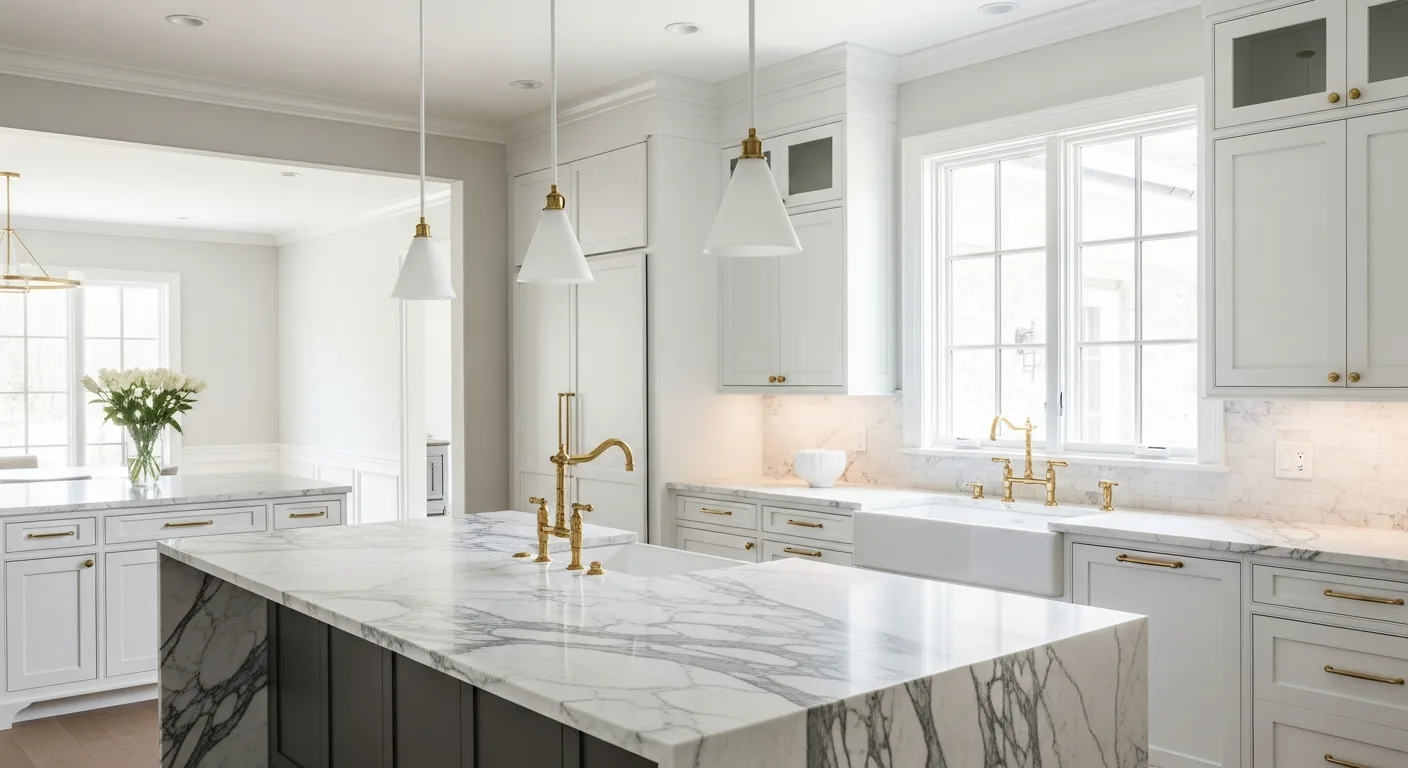 Luxury kitchen with Calacatta white marble waterfall island and gold faucet fixtures