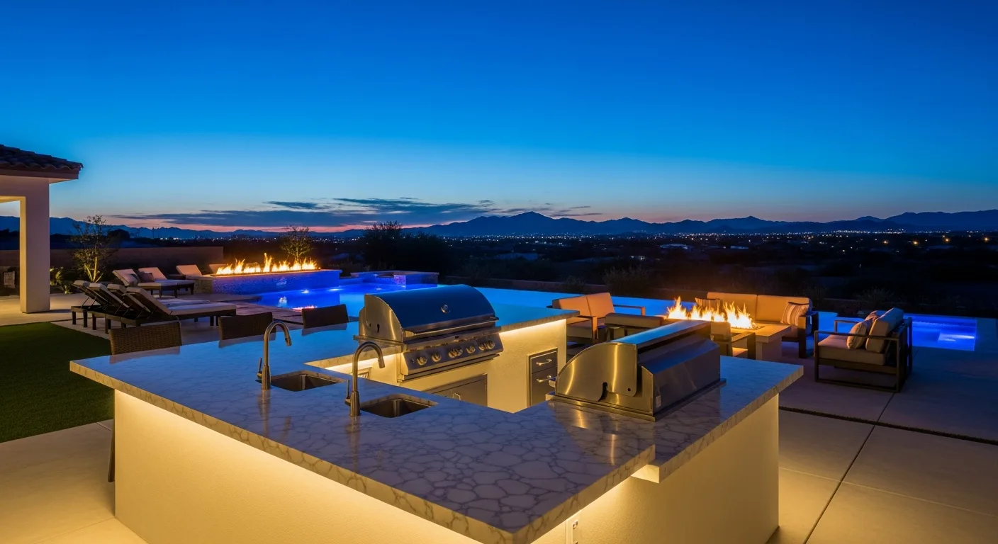 Las Vegas outdoor kitchen at twilight with porcelain slab countertops, fire pits, pool lights, and mountain views