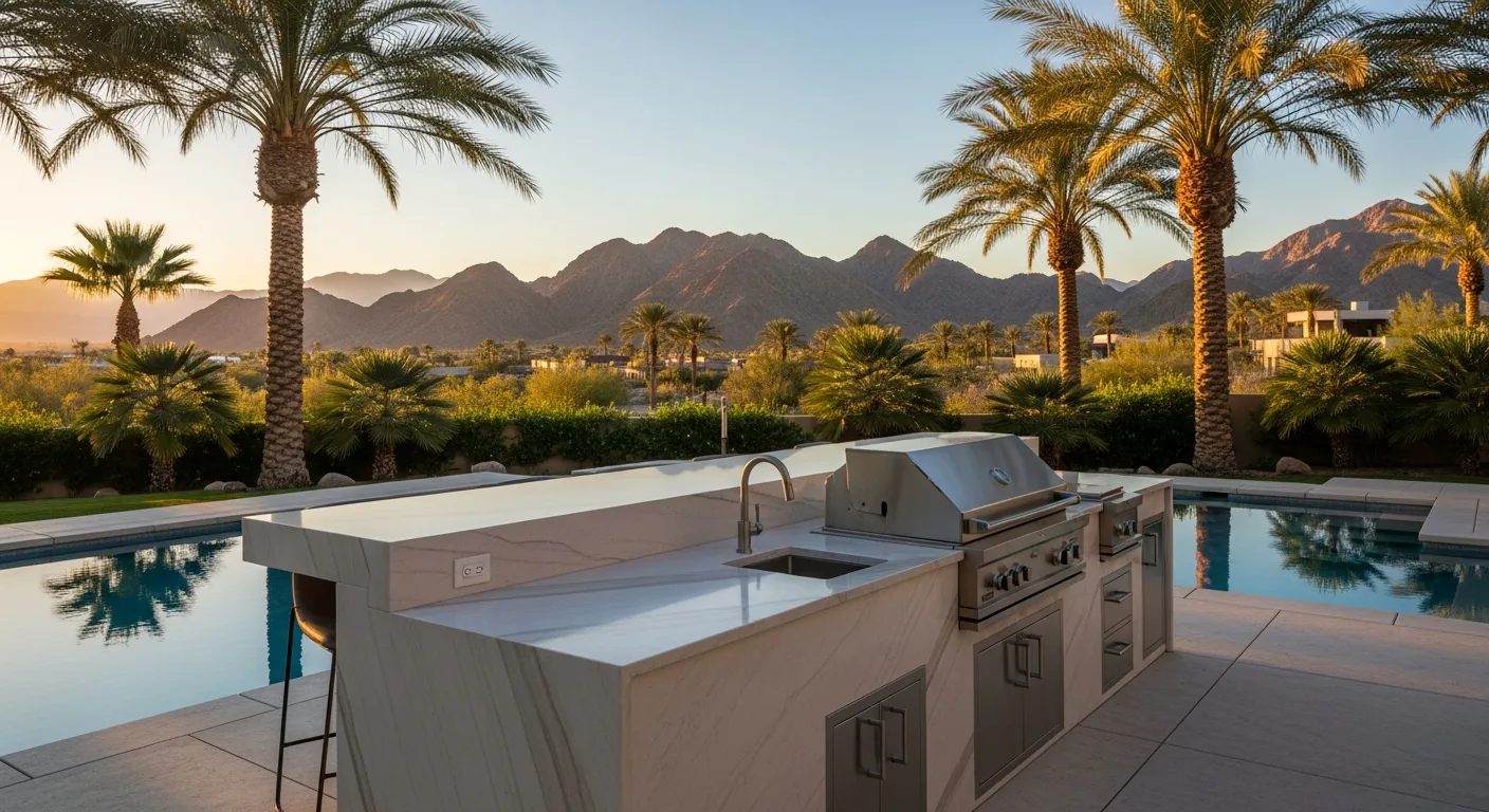 Las Vegas backyard outdoor kitchen with porcelain slab countertops, BBQ grill, and pool