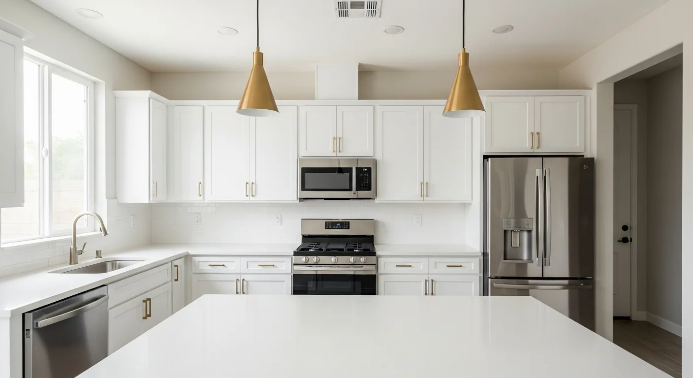 Modern minimalist Las Vegas kitchen with white Caesarstone quartz countertops