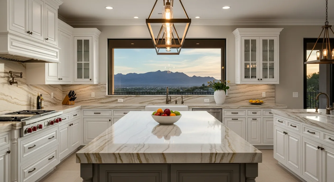 Las Vegas kitchen with Taj Mahal quartzite countertops featuring beige and gold veining