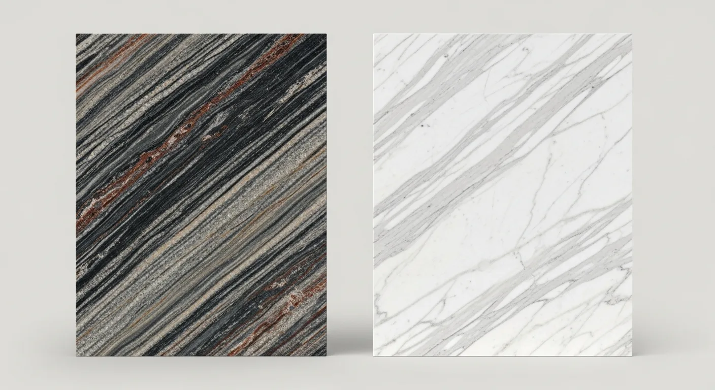 Side by side comparison of natural quartzite slab and Calacatta marble slab