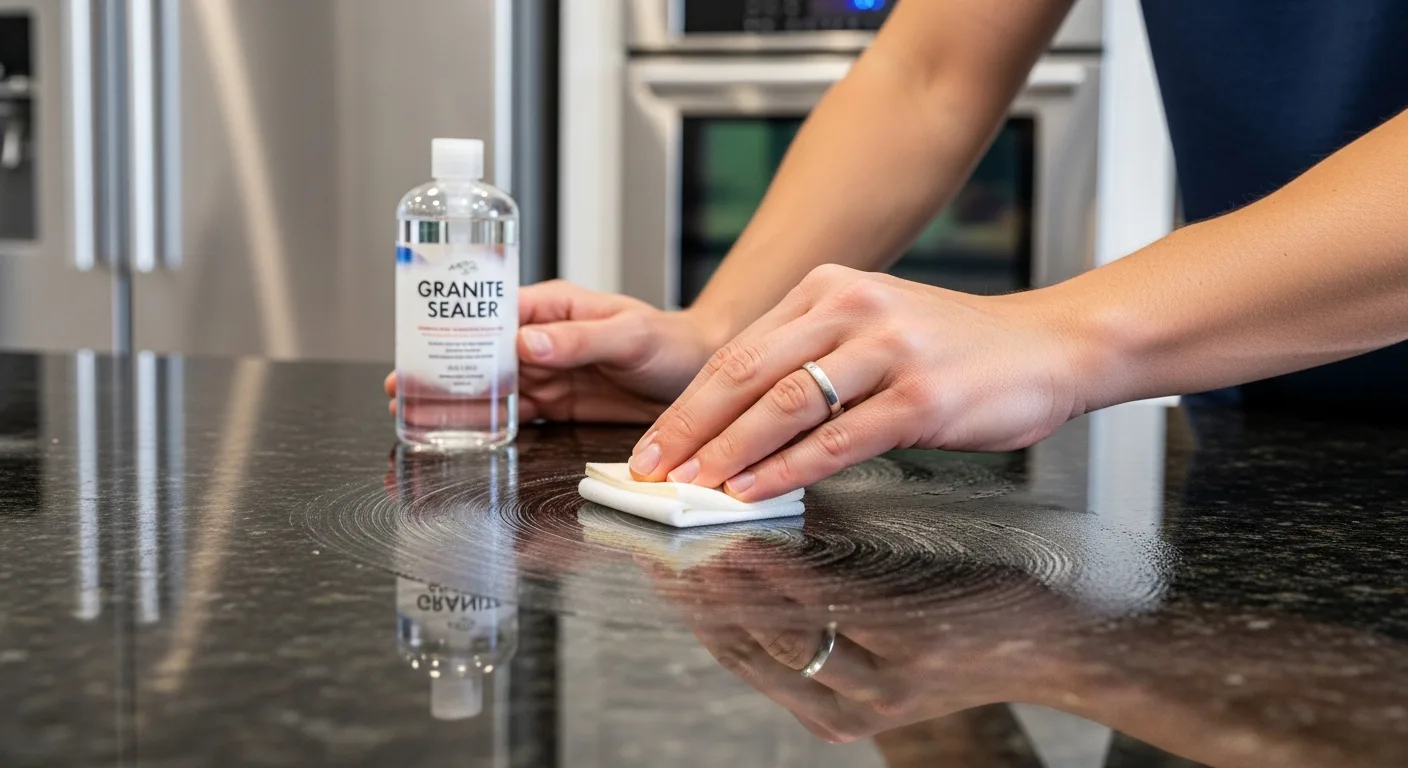 Applying clear stone sealer to a polished granite countertop with a soft applicator pad
