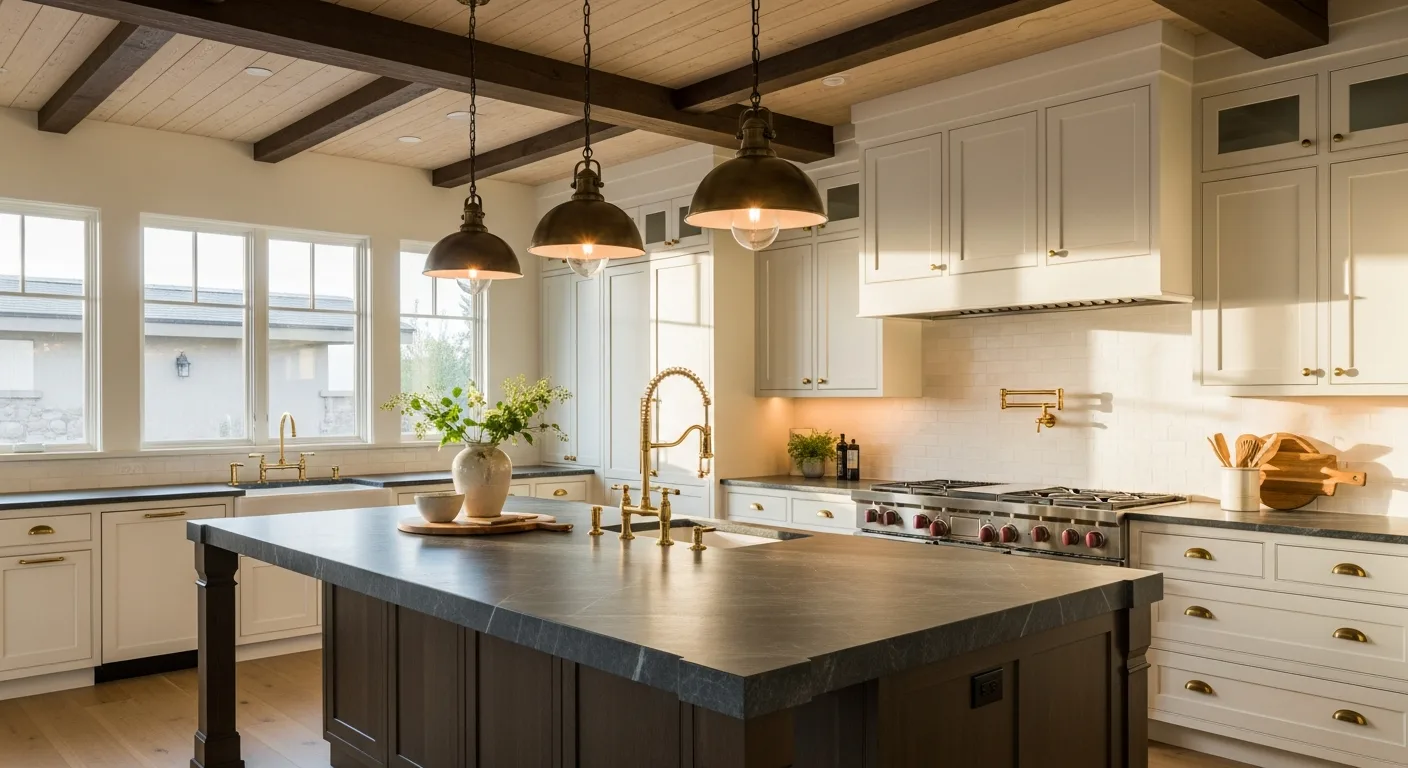 Traditional farmhouse-style Las Vegas kitchen with rich dark grey soapstone countertops, white shaker cabinets, brass fixtures, and exposed wood beams