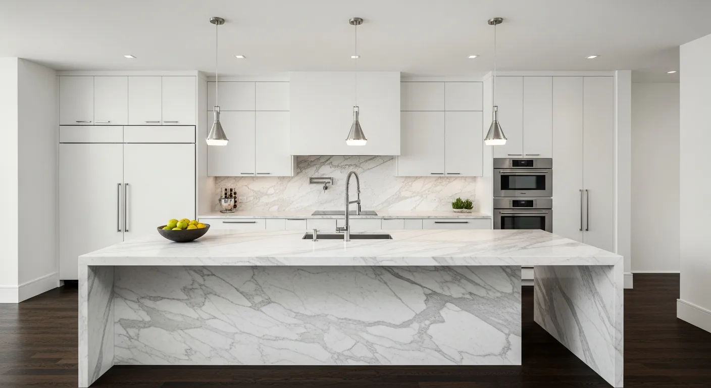 Luxury kitchen with a dramatic waterfall edge island in white marble cascading to the floor