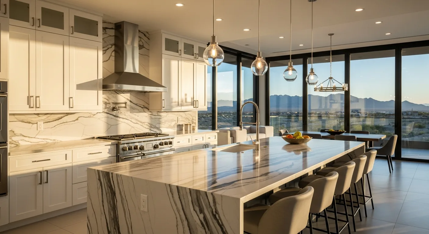 Modern Las Vegas luxury kitchen with Quartzite waterfall island countertop, mountain view, golden hour lighting