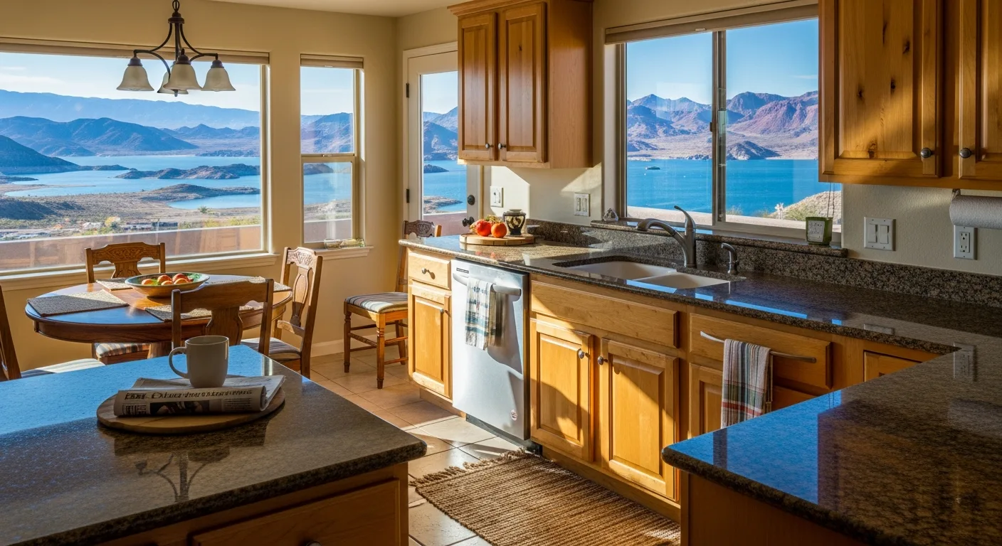Charming Boulder City Nevada kitchen with granite countertops and Lake Mead desert mountain view