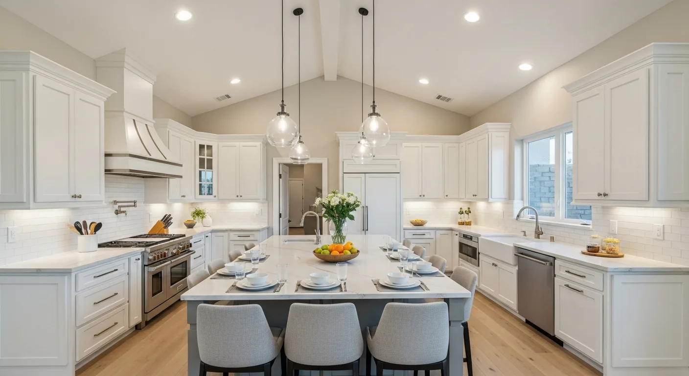 Spacious Centennial Hills Las Vegas kitchen with quartzite countertops and large family island for new construction homes