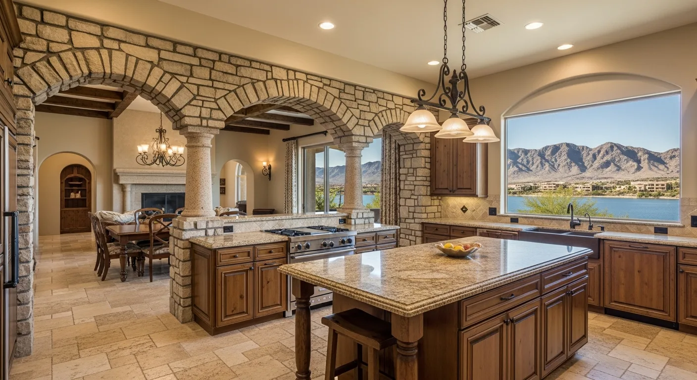Mediterranean style Henderson Nevada kitchen with granite countertops and Lake Las Vegas mountain view