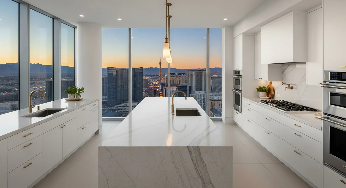 Modern Las Vegas penthouse kitchen with marble waterfall island and Las Vegas Strip skyline view at sunset