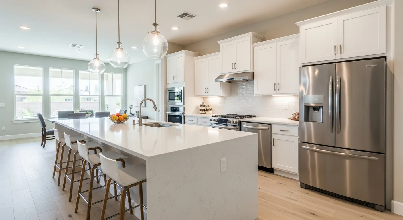 Contemporary new construction North Las Vegas kitchen with white quartz countertops and large family island