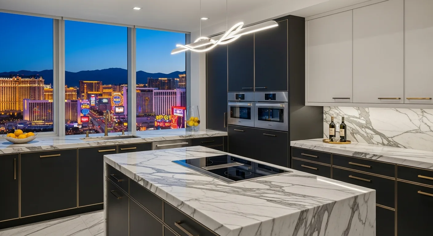 Modern Paradise Las Vegas penthouse kitchen with marble countertops and neon Las Vegas Strip view at twilight