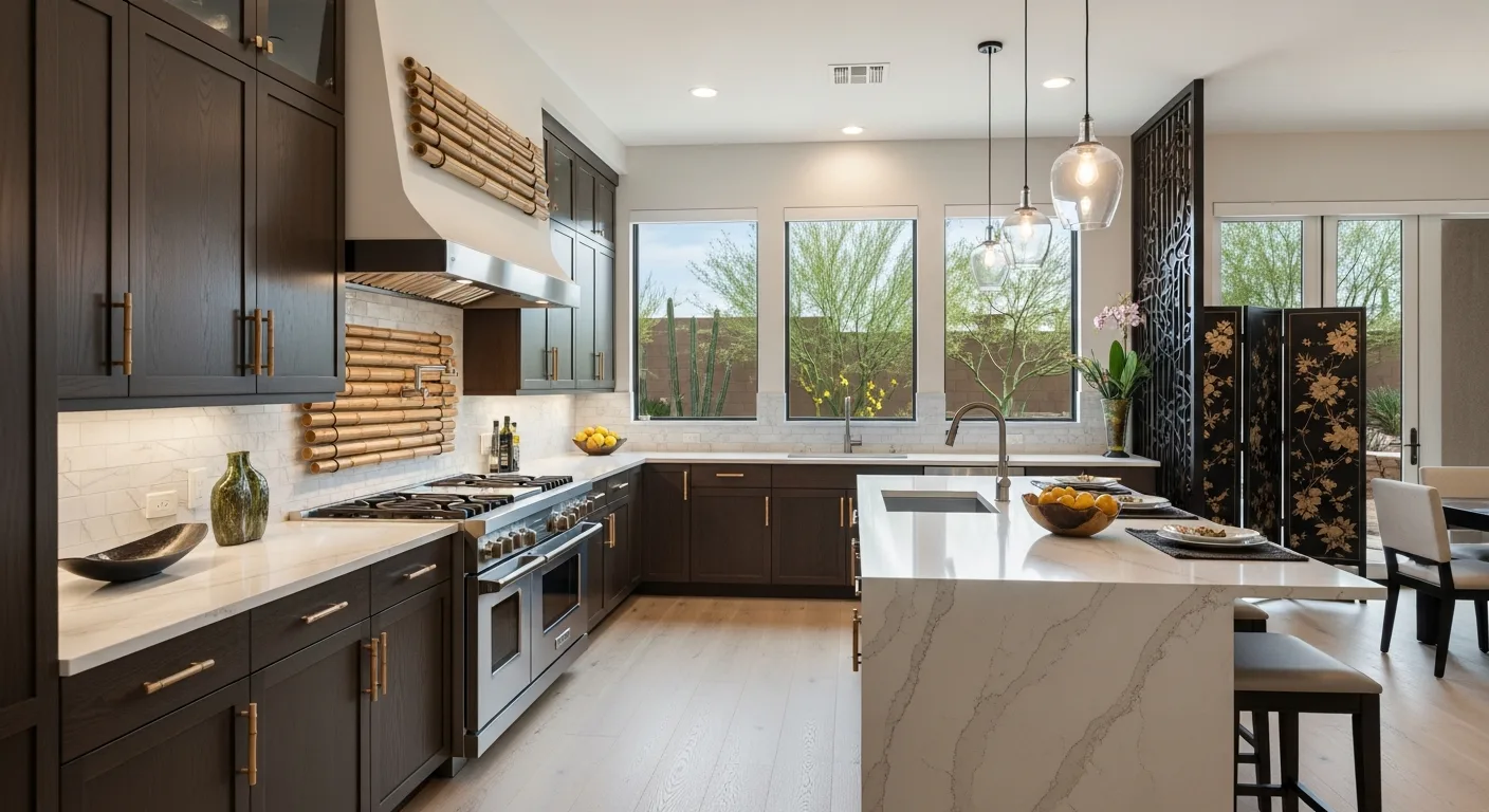 Asian-influenced Spring Valley Las Vegas kitchen with quartz countertops and dark wood cabinets