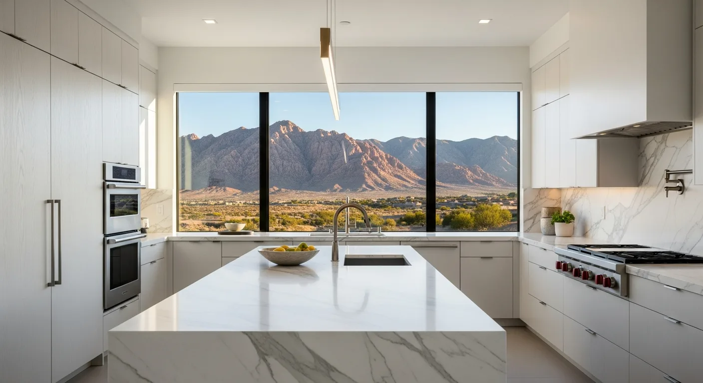 Modern luxury Summerlin Las Vegas kitchen with marble waterfall island and Red Rock Canyon mountain view