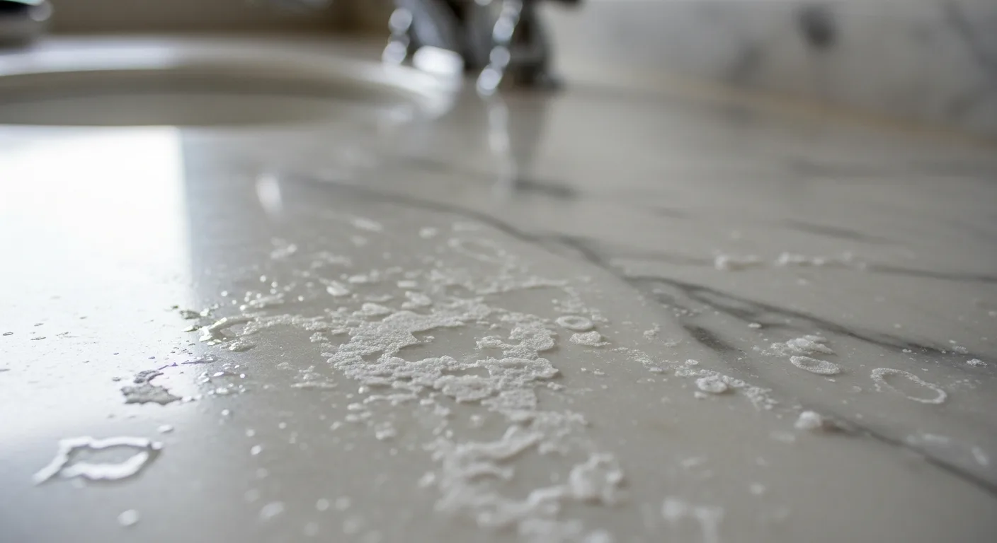 Macro close-up of calcium hard water deposits and mineral stains on a Calacatta marble countertop near a faucet