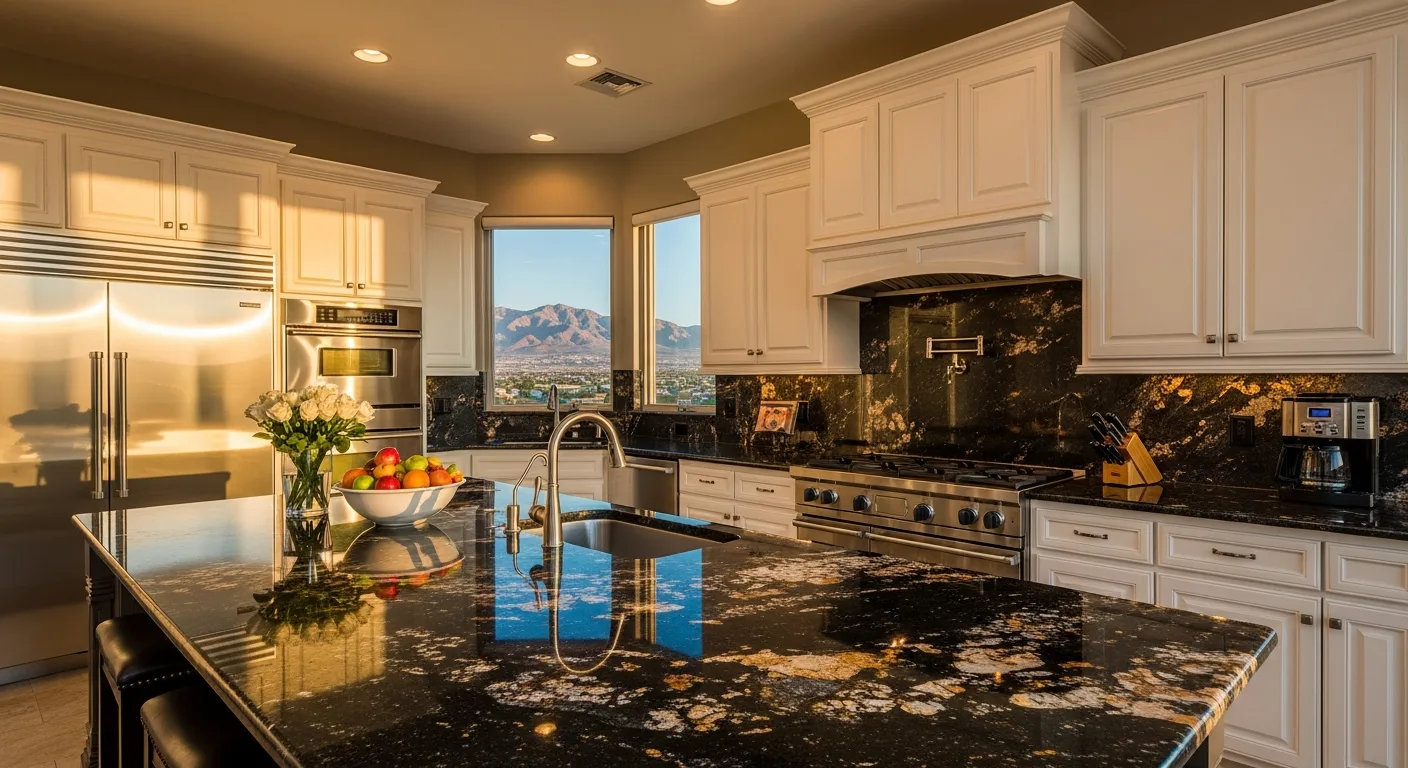 Luxury Las Vegas kitchen with brown granite countertops, white shaker cabinets, stainless appliances, and mountain views