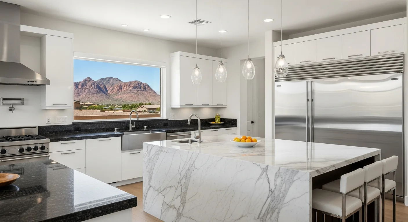Modern luxury Las Vegas kitchen with marble waterfall island and granite perimeter countertops