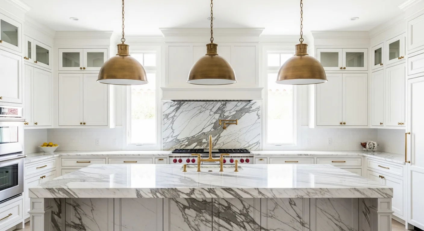Elegant Las Vegas kitchen with Calacatta marble countertop and waterfall island featuring dramatic grey veining, brass faucets, white cabinets