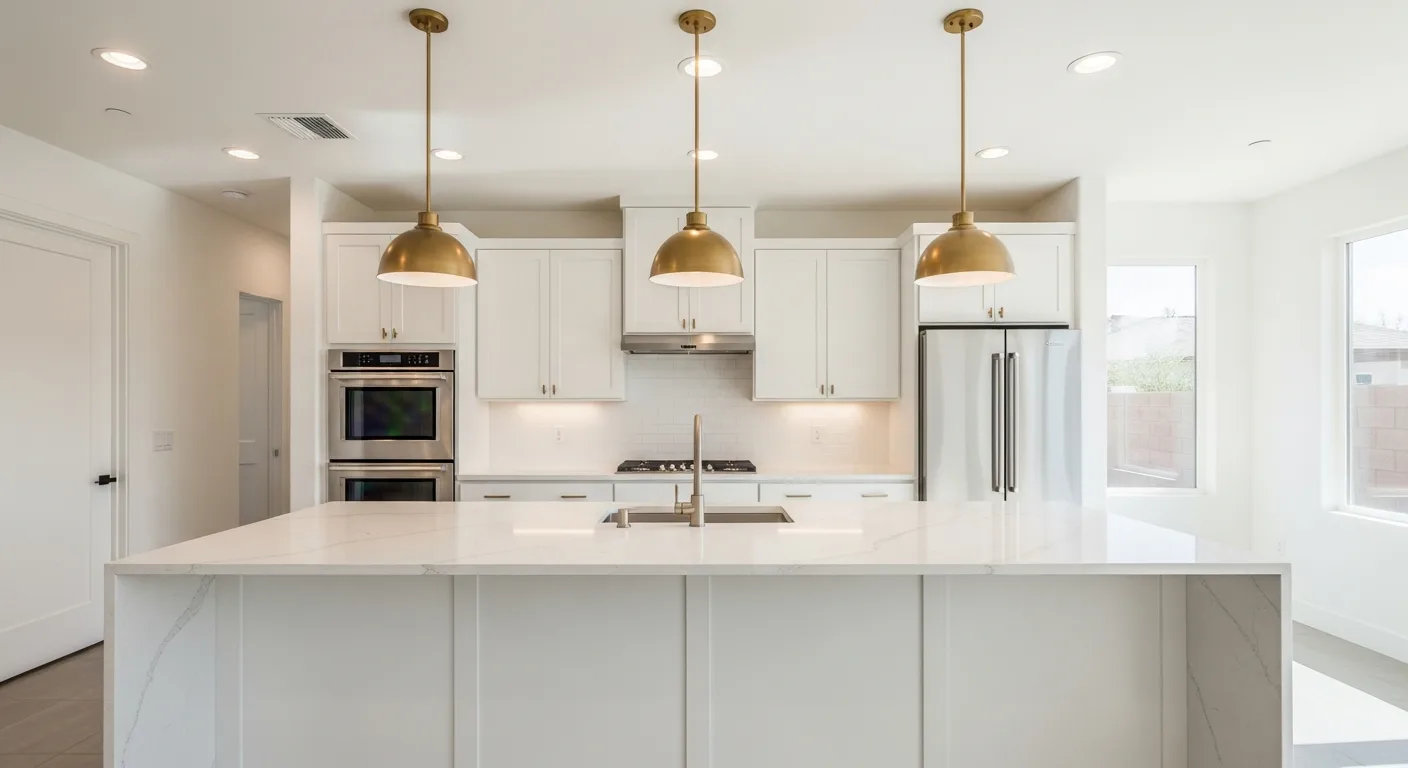 Modern minimalist Las Vegas kitchen with crisp white Caesarstone quartz countertop island, white cabinets, gold pendants