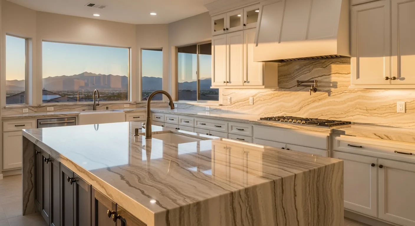 Stunning Las Vegas kitchen with Taj Mahal quartzite countertop island featuring beige and golden veining, white oak cabinets, mountain view